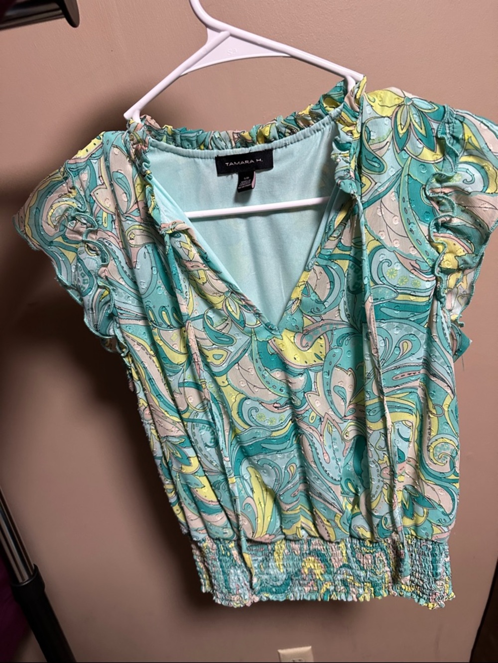 Tamara Teal Paisley V-Neck Ruffle Sleeve Blouse